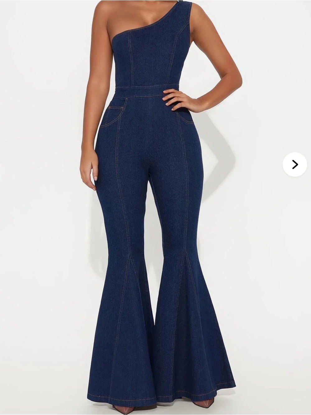 Fashion Nova Dark Denim One-Shoulder Flared Jumpsuit - Picture 2 of 4